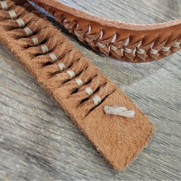 Guess Tan Leather Stitch Braid Belt SZ XL 920003 Silver Tone Solid Brass DOUBLE - Picture 5 of 9